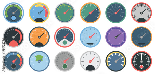 Speedometer Gauges Collection with Colorful Dashboard Dials and Indicator Needles, Automotive Measurement Elements Vector Set for UI Design, Car Interfaces, Infographics, and Vehicle Control Panels
