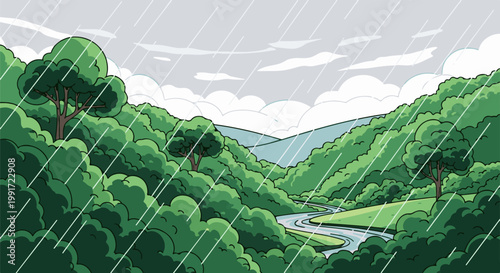Verdant valley landscape with a winding river during a downpour