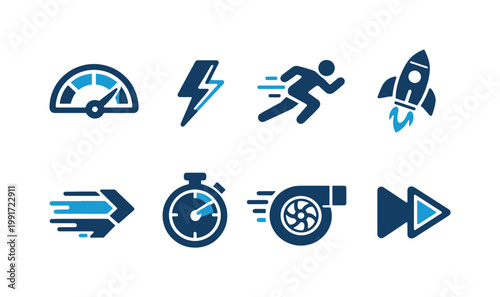 Set of speed and performance icons showing speedometer, lightning bolt, running figure, rocket, fast arrows, stopwatch, turbocharger, and fast-forward symbol