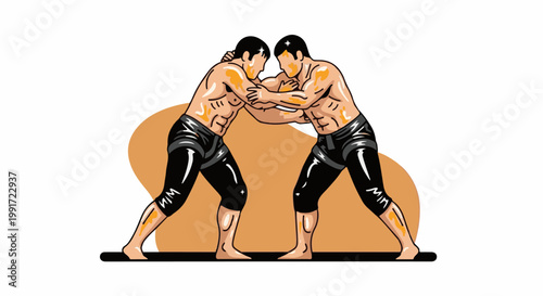 Two muscular men grappling, with oiled skin under dramatic lighting