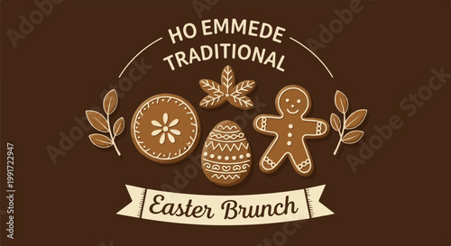 Traditional Easter brunch with gingerbread cookies, ornate designs and foliage