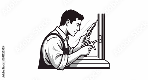 Tradesperson caulking a window frame with a sealant gun