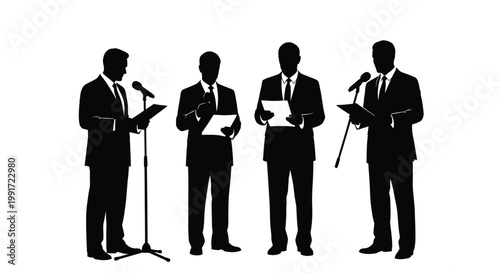 Professional businessmen holding documents and microphones in a clean vector graphic design for corporate press conference