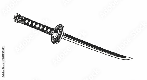 Traditional Japanese sword with intricate handle design and sharp, curved blade