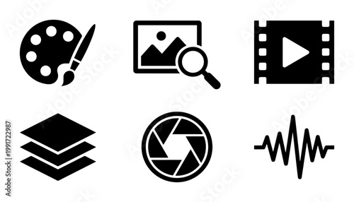 Multimedia production icons set, black creative design symbols, digital media editing vector elements, professional content creation tools