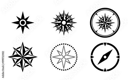 Vintage nautical compass rose icons, black wind rose vector set of 6 elements, antique maritime navigation symbols for maps and travel design