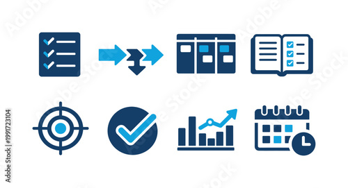 Set of business productivity icons showing checklists, workflow arrows, file organizers, target focus, approval checkmark, analytics chart, and calendar planning