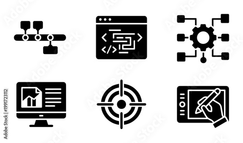 Modern software development icons set, 6 black solid vector glyphs for web programming, digital marketing and data analysis UI elements