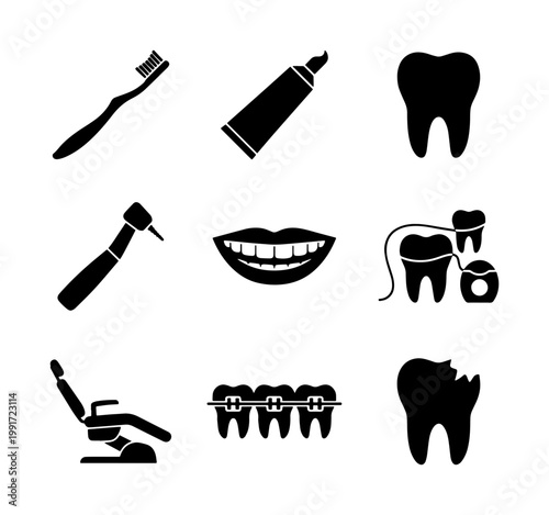 Dental care icon set with 9 black silhouettes, stomatology and oral hygiene symbols, tooth health and dentistry equipment vector collection