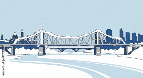 Stylized winter cityscape with snow-covered bridge and frozen river