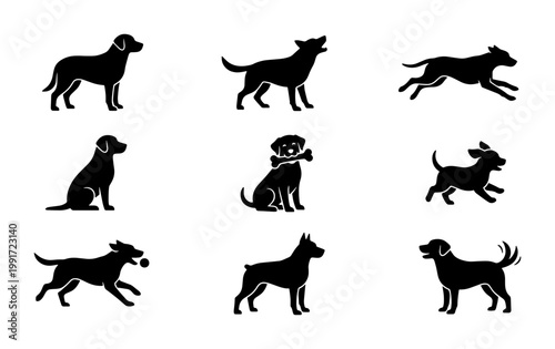 Black dog silhouette collection, 9 canine vector icons in various poses, domestic pet animal shapes for logo design and pet shop branding