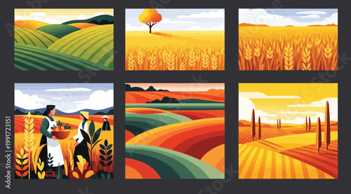 Set of vector illustrations of agricultural landscapes, wheat fields, and harvest scenes in a flat design style