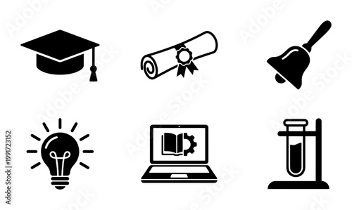 Education icon set with graduation cap and diploma, school learning symbols in black vector style, 6 academic elements for university and science