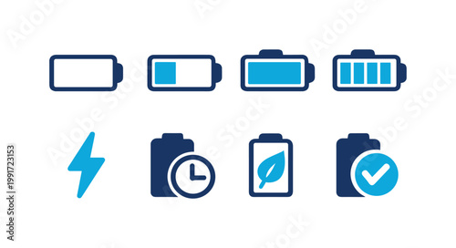 Battery level icons set showing empty to full charge with lightning, clock, eco leaf, and check symbols for power status and energy efficiency UI
