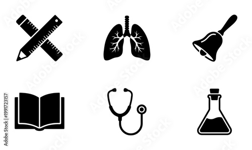 Minimalist black education and science icons, set of 6 vector symbols for school and medicine, flat academic and healthcare graphics