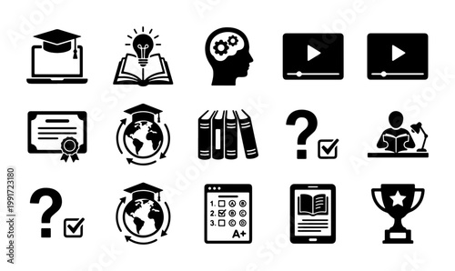 Online education icons set, 15 black e-learning vector symbols, digital school and distance learning elements, academic study and graduation graphics