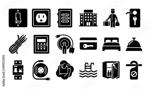 Hotel and hospitality icon set, 18 black solid vector symbols for travel and accommodation, electrical outlet and room service graphics for web design