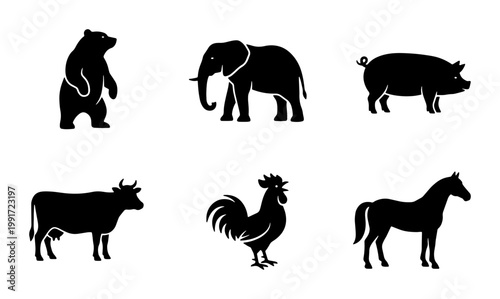 Black animal silhouettes set, collection of 6 wild and farm animal icons, minimalist bear elephant pig cow rooster and horse vector graphics