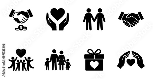 Charity and community icon set, 8 black solid vector symbols for non-profit organizations, donation and humanitarian aid graphic elements