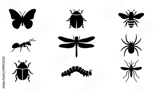 Black insect silhouettes set, collection of 9 bug icons including butterfly and bee, minimalist nature vector elements for educational design
