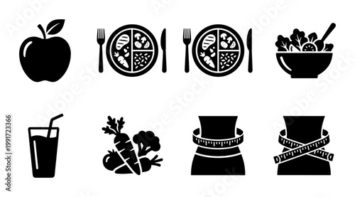 Healthy diet icon set, nutrition and weight loss symbols, black solid vector icons for fitness and balanced eating plans, 8 elements