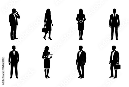 Professional business people silhouettes set, 8 corporate office worker figures in suits, black vector icons of businessmen and businesswomen