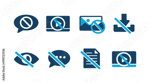 Set of disabled and blocked interface icons showing no chat, no display, no image, no download, no view, no message, and restricted document access