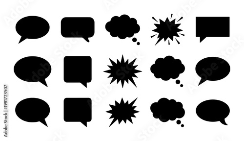 Black speech bubble silhouettes set, 15 comic book thought clouds and chat icons, flat vector communication symbols for graphic design