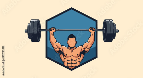 Muscular Male Weightlifter Lifting Heavy Barbell Overhead.