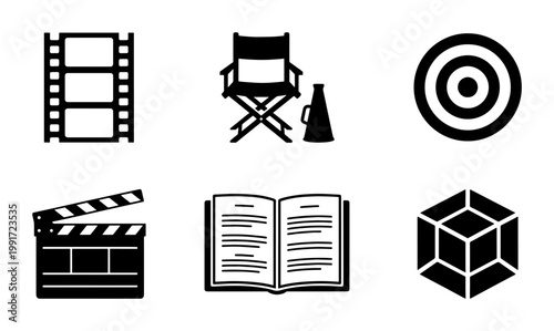Minimalist cinema and media icon set, black movie production vector symbols, film industry clapperboard and director chair graphics, 6 flat icons