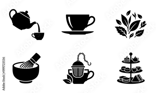 Black tea icons set, minimalist tea ceremony vector symbols, teapot and matcha whisk illustrations, 6 flat icons for cafe menu and branding