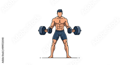 Muscular man standing with heavy dumbbells.