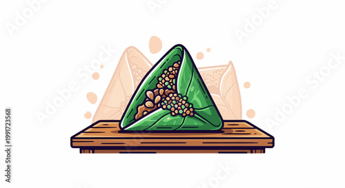 Triangular green leaf-wrapped food item with filling on wooden tray