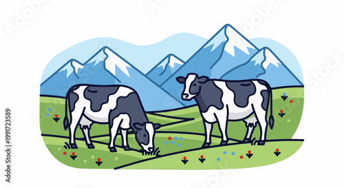 Two spotted cows grazing in a green field with mountains