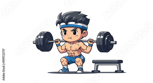 Cartoon male weightlifter performing heavy barbell squat.