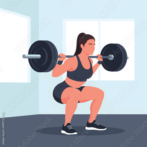 Woman performing heavy barbell back squat exercise.