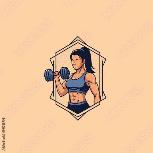 Fit athletic woman performing dumbbell bicep curl.