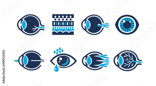 Set of stylized human eye icons showing eyeball anatomy, tear drops, pupil and retina details, and vision symbols in blue flat vector design