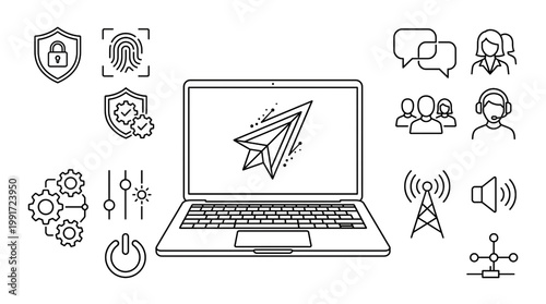 Laptop and technology icon set featuring computer devices, connectivity, and digital workspace elements. Designed in clean outline style for tech presentations, apps, and websites. Ideal for IT servic
