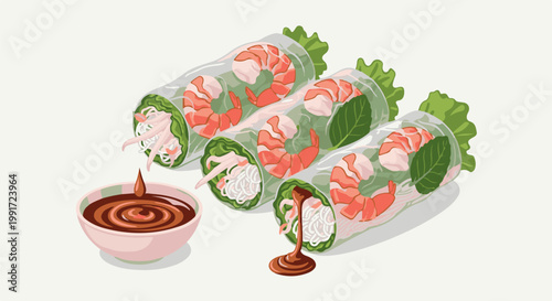 Three fresh shrimp spring rolls with dipping sauce