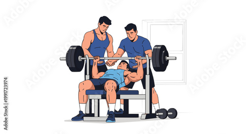 Male athlete performing bench press with spotters.