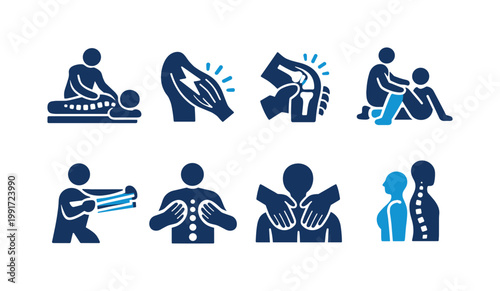 Set of medical pain and injury icons showing massage therapy, knee and back pain, wrist ache, neck posture alignment, and physiotherapy treatment symbols