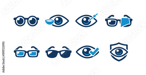 Set of modern eyecare and vision icons showing eyes, spectacles, sunglasses, checkmarks, and protective shield symbols in blue line style