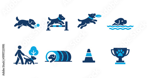 Set of dog training and activity icons showing retrieving, jumping hurdles, catching a disc, swimming, walking with handler, tunnel agility, cone, and trophy award