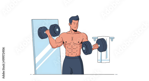 Muscular man performing dumbbell biceps curl exercise.
