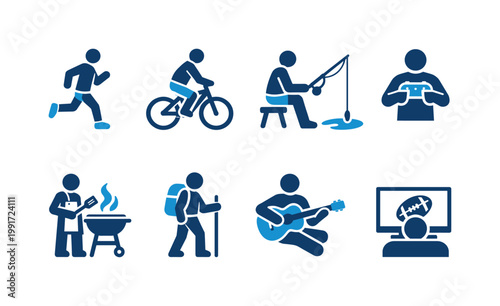Set of leisure and hobby icons showing running, cycling, fishing, grilling, backpacking, guitar playing, video gaming, and watching sports on television