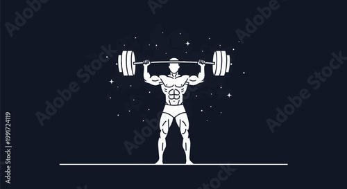 Male Weightlifter Holding Heavy Barbell Overhead.