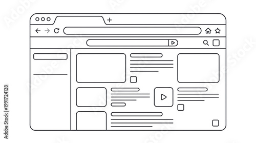 Web display and interface icon set showing browser windows, layouts, and UI components. Ideal for web design, app prototyping, and digital platforms. Clean outline vector style ensures flexibility, sc