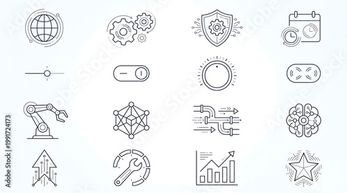 Advanced technology icon set featuring AI, automation, robotics, and digital systems. Designed in clean outline style for tech companies, apps, and futuristic designs. Ideal for UI UX, presentations, 