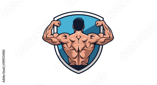Male bodybuilder flexing back double biceps pose emblem.